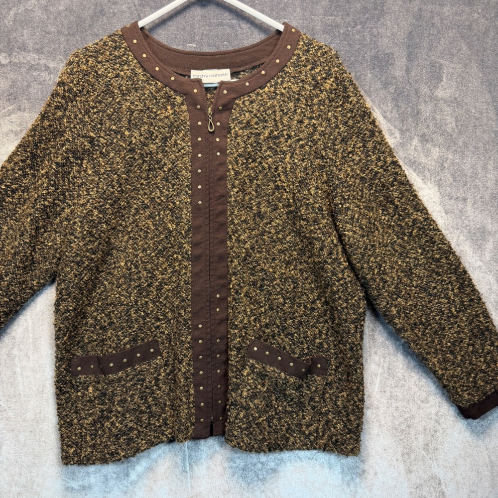 Cathy Daniels Jacket Womens XL Brown Gold Studded Zip Front Cardigan Gorpcore